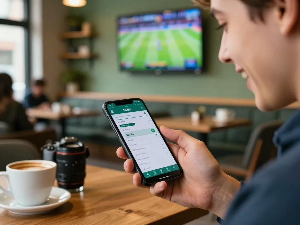 Person placing a bet on FC88 sports app in a lively café atmosphere, showcasing excitement and engagement