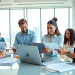 Teamwork defining an ideal career in a modern office, showcasing diversity and collaboration.