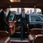 Professional chauffeur welcoming an executive in a luxury Lincoln Continental for Naperville to Midway limo service.