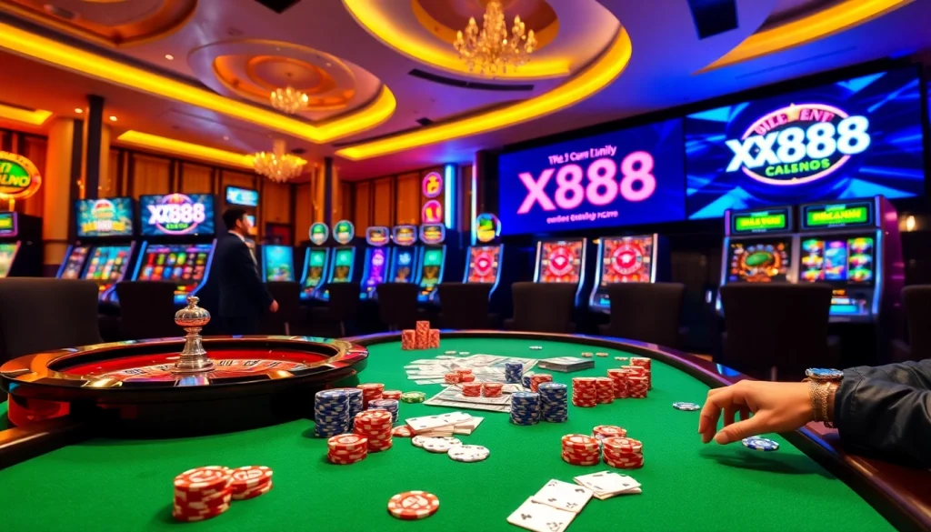 Players enjoying the xx88 game at a vibrant casino table with colorful chips and cards.