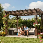3D pergola configurator scene showing a family enjoying a beautifully customized pergola in a vibrant garden setting.