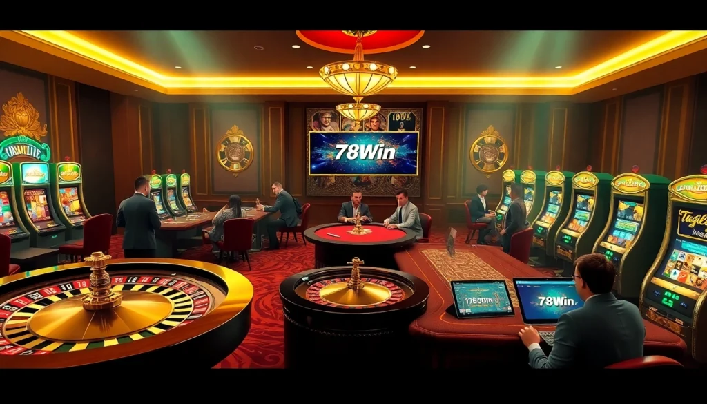 Experience thrilling gameplay on Trang chủ 78Win with an elegant online casino scene showcasing roulette and poker.