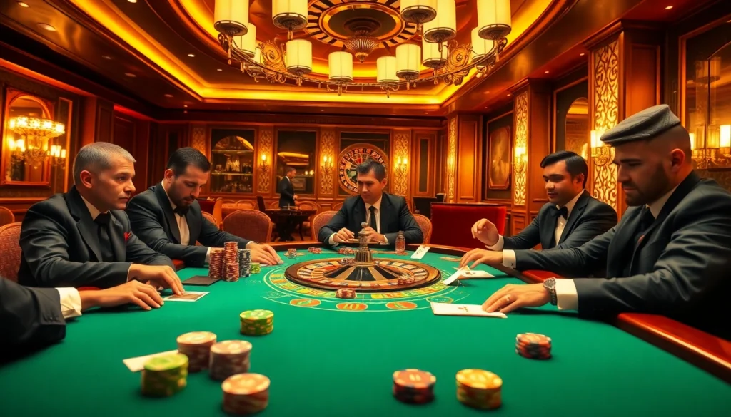 The electrifying atmosphere at https://f168.tools/ featuring a luxurious casino poker table with players immersed in a game.