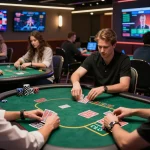 FC88 players engaging in live online poker gameplay with dynamic card shuffling and warm atmosphere.