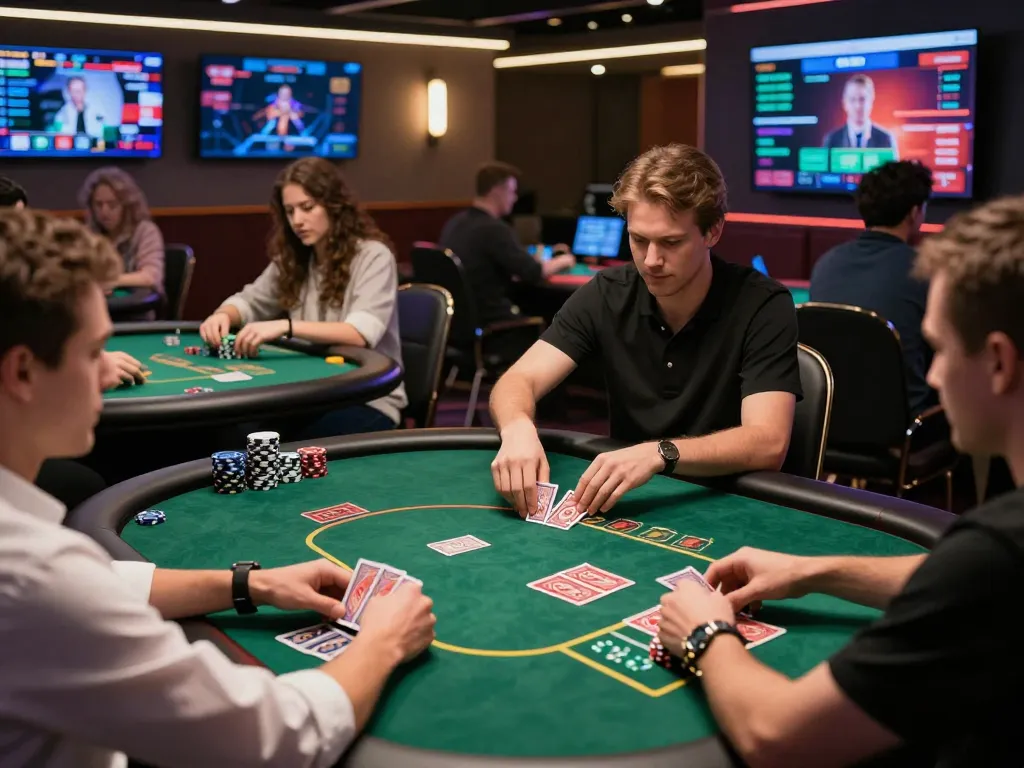 FC88 players engaging in live online poker gameplay with dynamic card shuffling and warm atmosphere.