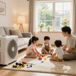 HVAC system discussion in a cozy family living room, enhancing home comfort.