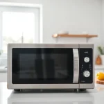 Highlighting Microwave Oven Sales, a sleek stainless steel microwave in a modern kitchen setting.