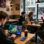 Engaged young man analyzing esports betting strategies with 1xbet in a lively café setting.