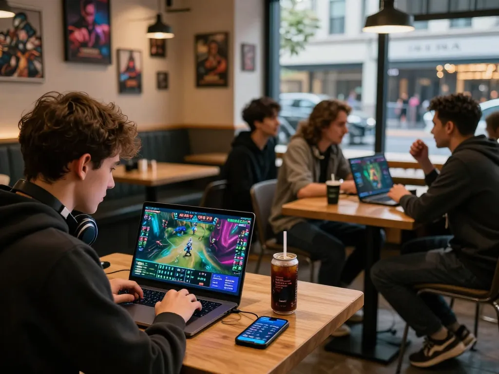 Engaged young man analyzing esports betting strategies with 1xbet in a lively café setting.
