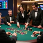 Players enjoying interactive vipwin live dealer blackjack game in an upscale casino atmosphere.
