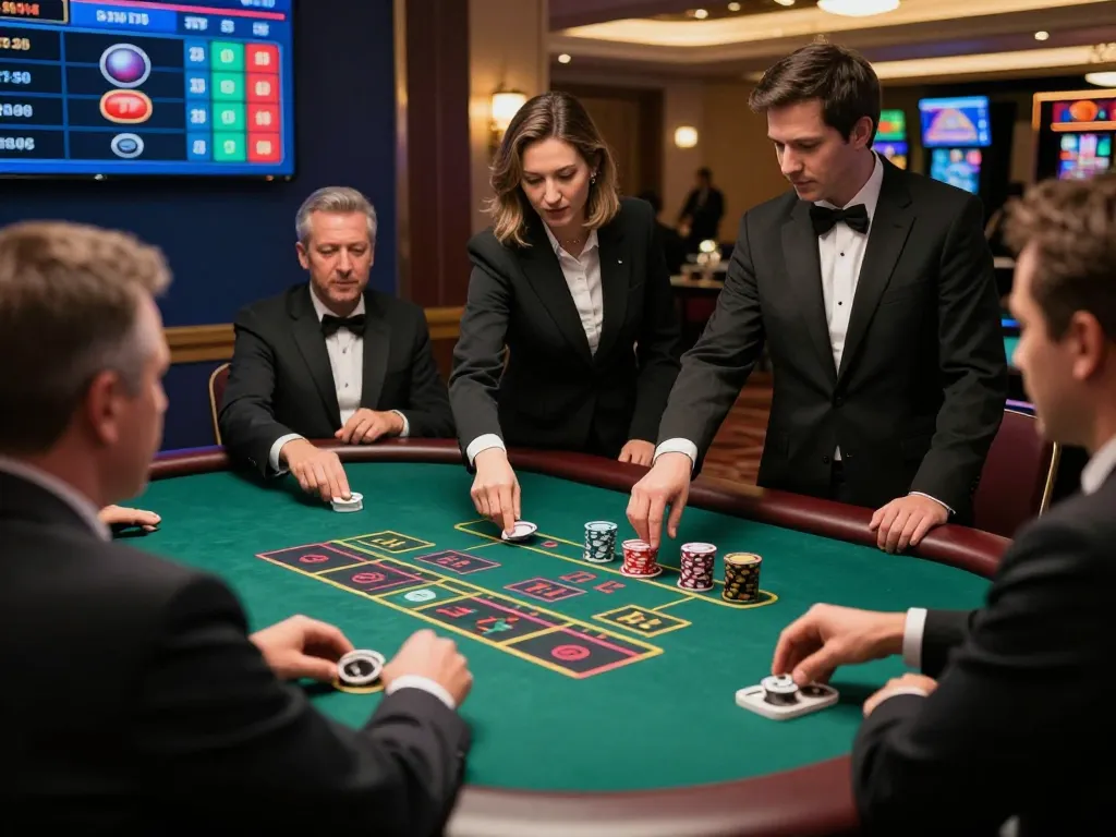 Players enjoying interactive vipwin live dealer blackjack game in an upscale casino atmosphere.