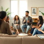 Engaging mental health tips session with a diverse group in a calming setting.