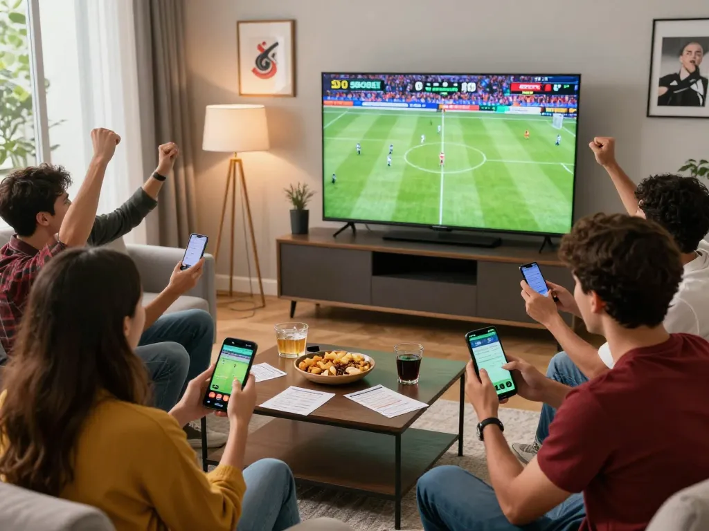 SBOBET mobile betting scene with friends enjoying a football match in a lively living room.