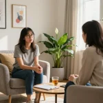 Cozy therapy session focusing on mental health, discussing 抑鬱症.