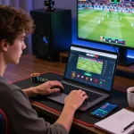 SBOBET88 online betting excitement with a young adult placing bets at home, laptop and gaming setup in focus.