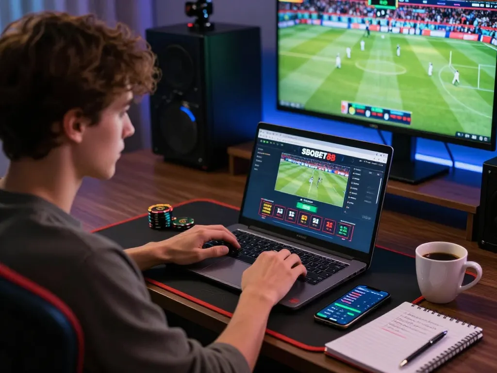 SBOBET88 online betting excitement with a young adult placing bets at home, laptop and gaming setup in focus.