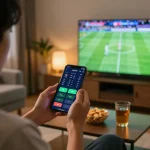 Terlibat dalam taruhan olahraga judi bola, seseorang dengan antusias memantau odds langsung di smartphone sambil menonton pertandingan sepak bola