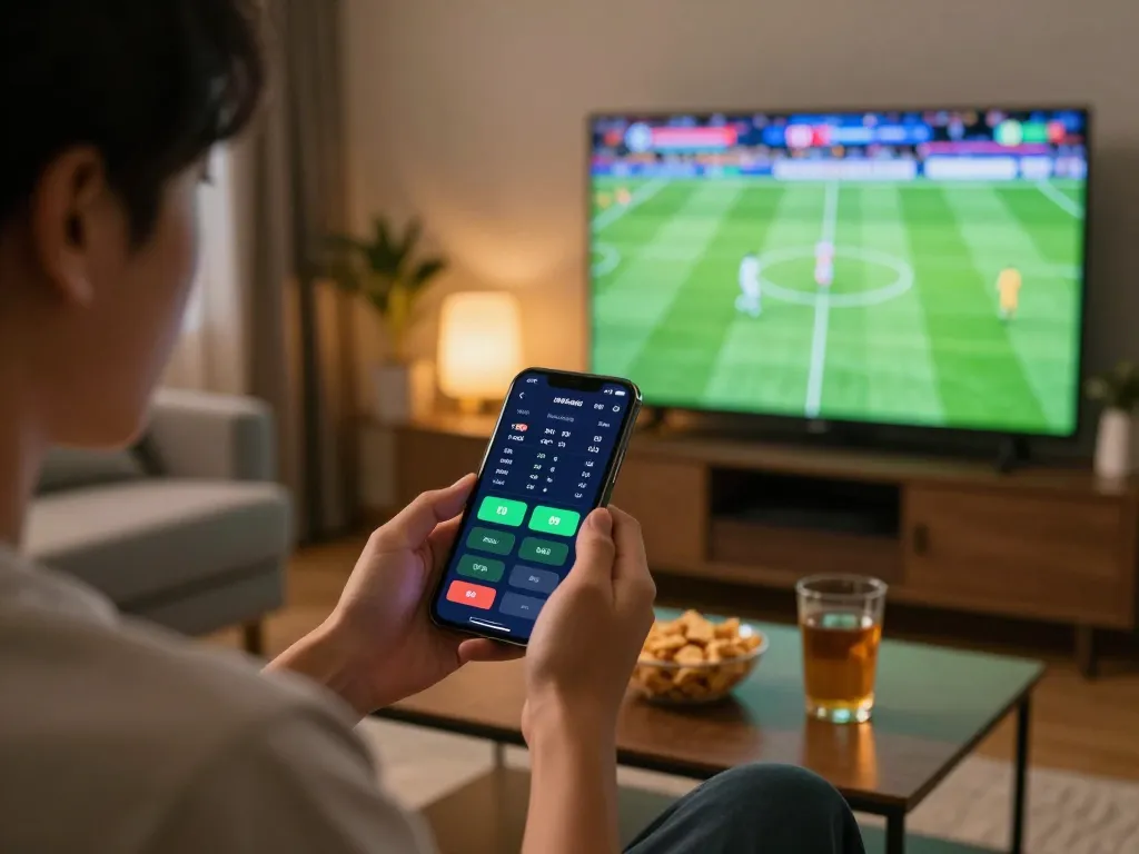 Terlibat dalam taruhan olahraga judi bola, seseorang dengan antusias memantau odds langsung di smartphone sambil menonton pertandingan sepak bola