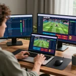 Pengguna SBOBET88 secara aktif terlibat dalam taruhan olahraga online di laptop di sebuah kantor rumah yang bergaya.