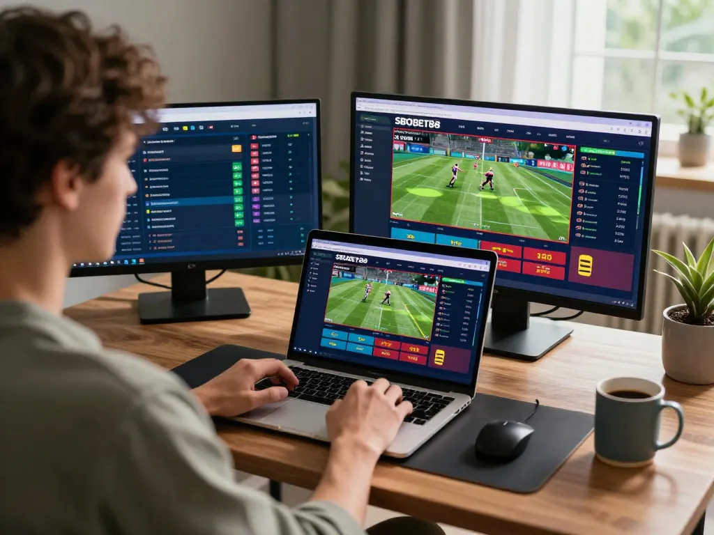 Pengguna SBOBET88 secara aktif terlibat dalam taruhan olahraga online di laptop di sebuah kantor rumah yang bergaya.