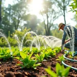 Irrigation system installation Bay Area showcasing a professional installer in a vibrant garden setting.