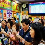 Orang-orang dengan antusias menonton pengundian lotere HK Hari Ini di sebuah aula perkotaan yang hidup, menunjukkan sensasi Togel Hongkong Pools.
