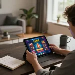 LUCKY88 player engaging in thrilling online gaming at stylish home setup with tablet and betting notes