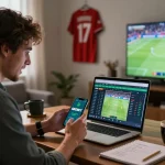 Penggemar taruhan SBOBET memasang taruhan di smartphone selama pertandingan olahraga online.