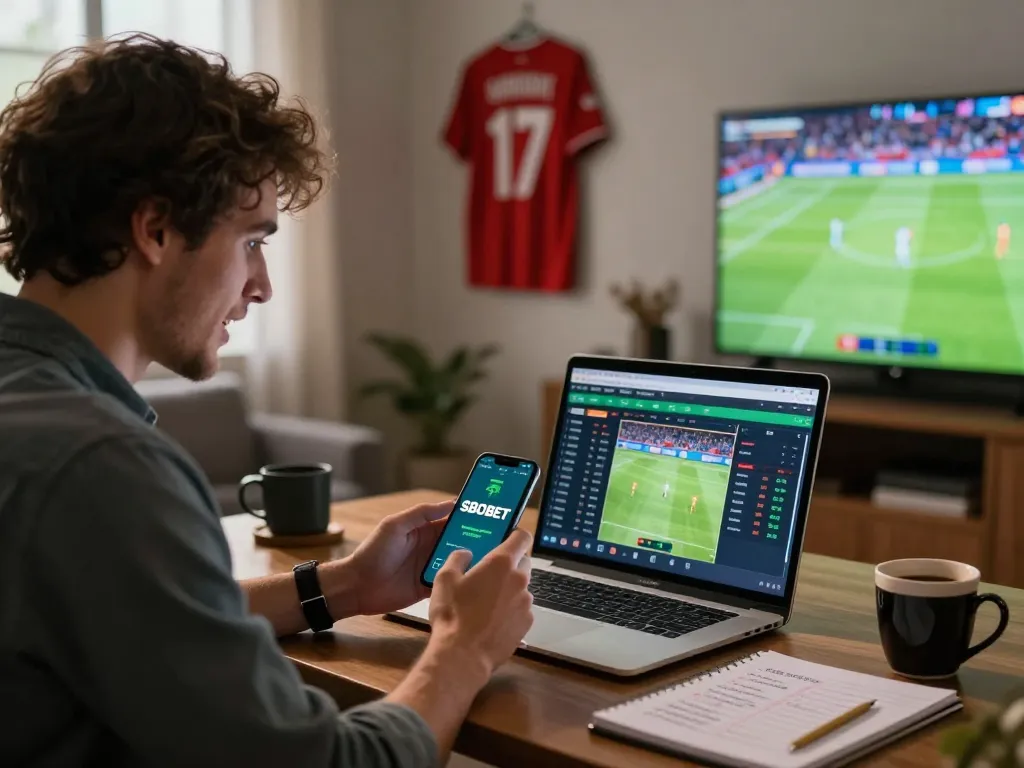 Penggemar taruhan SBOBET memasang taruhan di smartphone selama pertandingan olahraga online.