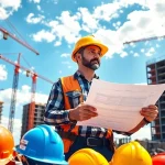 Austin general contractor reviewing blueprints at a construction site with cranes in the background.