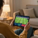 SOCOLIVE user enjoying live football betting on a tablet in a cozy home setting.