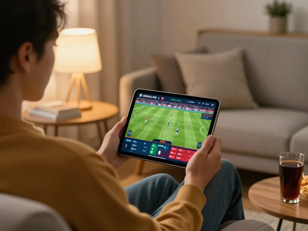 SOCOLIVE user enjoying live football betting on a tablet in a cozy home setting.