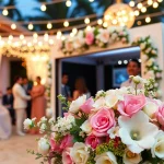 Guests enjoying a photo booth rental at a wedding with elegant decor and bright lighting.