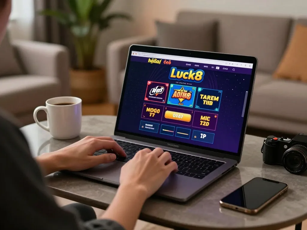 Engaging with Nhà cái Luck8 through online gaming, showcasing user-friendly interface and cozy atmosphere