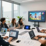 Creative team exploring mind control ai in an innovative tech studio, showcasing animated character motion.