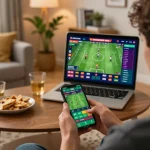 MAY88 user actively placing bets on a smartphone in a cozy home setting, showcasing engagement in responsible sports betting.