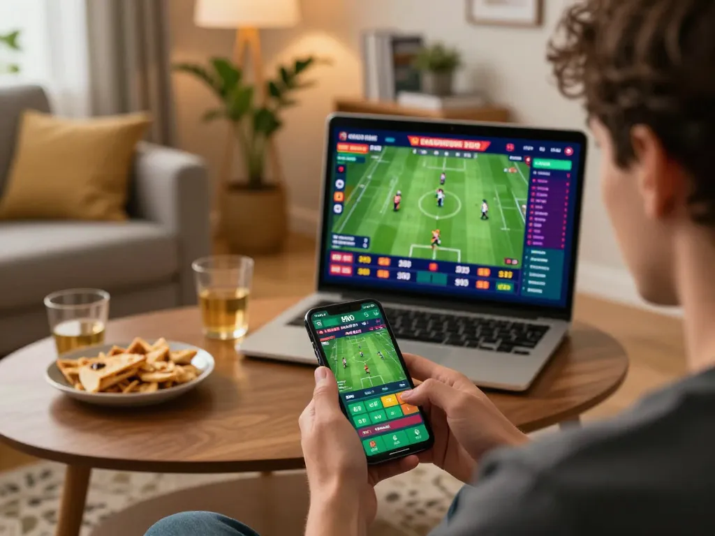 MAY88 user actively placing bets on a smartphone in a cozy home setting, showcasing engagement in responsible sports betting.