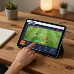 Antarmuka aplikasi SBOBET yang menunjukkan opsi taruhan olahraga langsung di tablet dengan suasana rumah yang hangat.