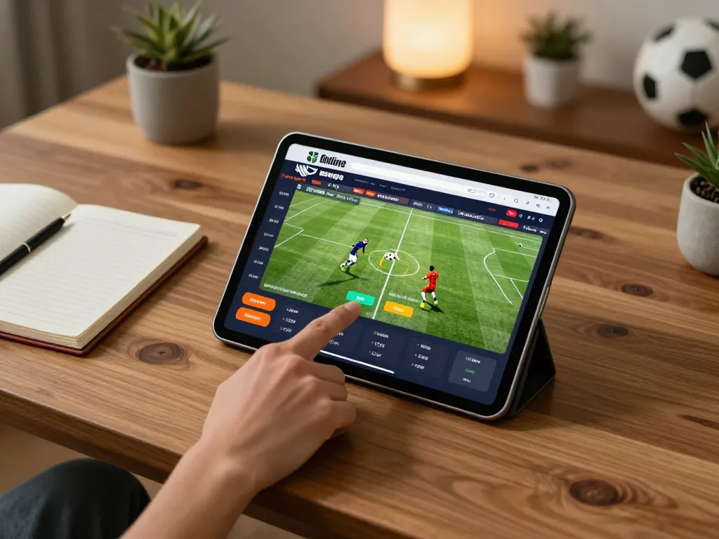 Antarmuka aplikasi SBOBET yang menunjukkan opsi taruhan olahraga langsung di tablet dengan suasana rumah yang hangat.