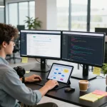 Developer creating automation workflows using n8n in a modern office workspace with dual monitors.