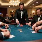 Players in an intense game at the upscale casino nhà cái ko66, showcasing strategic betting and poker excitement.