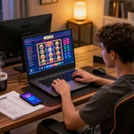 Engaged player exploring online slots on MB66 platform while enjoying a cozy home atmosphere.