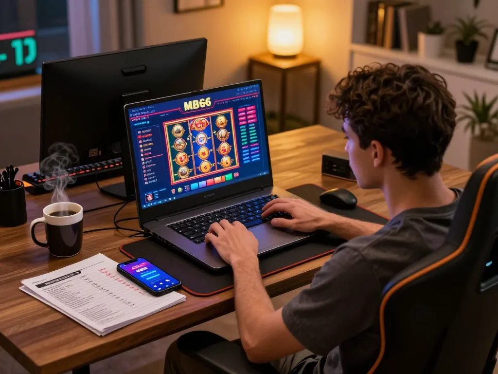 Engaged player exploring online slots on MB66 platform while enjoying a cozy home atmosphere.