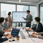 Global investment group team strategizing investment opportunities in a modern office.