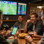 Friends engaging in kèo nhà cái betting during live sports match, using smartphone app for wagers.