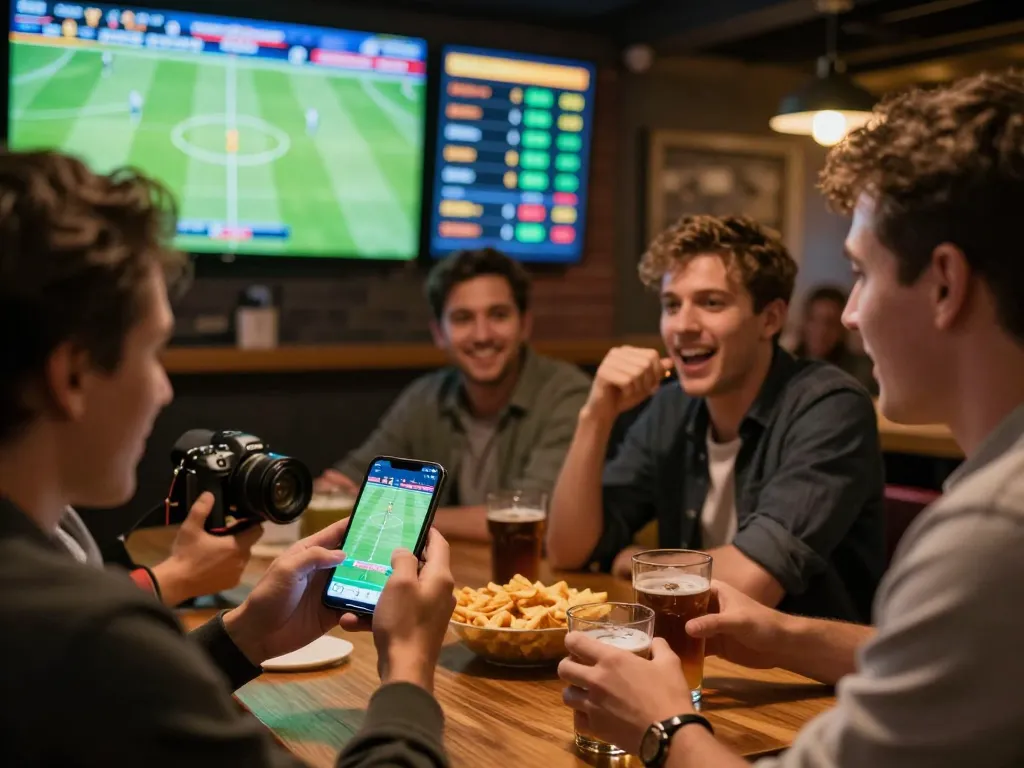 Friends engaging in kèo nhà cái betting during live sports match, using smartphone app for wagers.