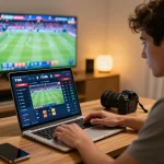 Place bets on f168 with engaging online sports betting scene featuring a laptop and live events