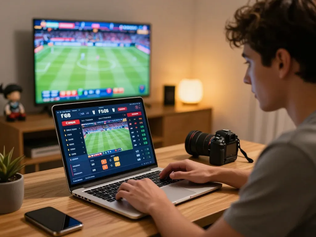 Place bets on f168 with engaging online sports betting scene featuring a laptop and live events