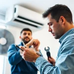 Expert air conditioning repair Tampa service technician inspecting a unit in a residential setting.