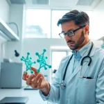 Healthcare professional studying Retatrutide's molecular structure in a modern lab